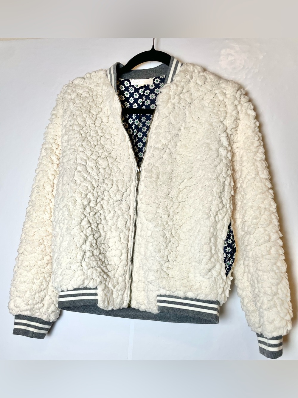 Hem & Thread Cream Sherpa Bomber Jacket with Stripe Trim